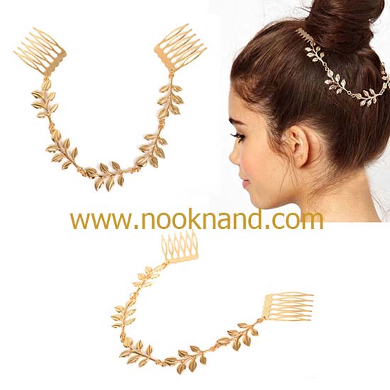 ٻҾ5 ͧԹ : ջ蹻дѺ觼ǡա ҹ ԡ Womens Stylish Elegant Gold Leaves Chain Hair Comb Cuff Head Band Headwear Gift